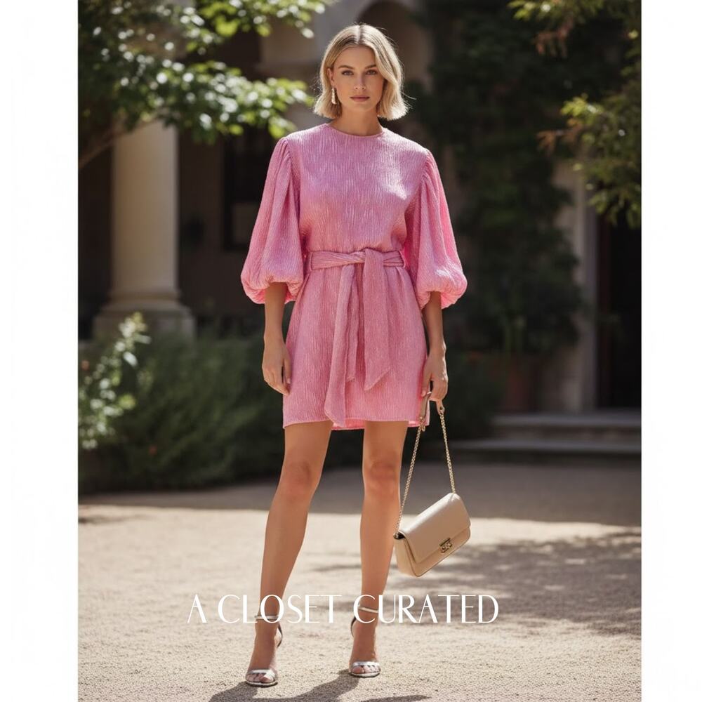 Ganni Pleated Satin Mini Dress Pink 0